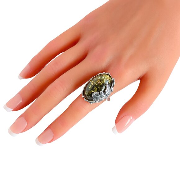 Baltic Green Amber Grape Leaf Statemnet Ring in 925 Sterling Silver - Picture 7 of 9